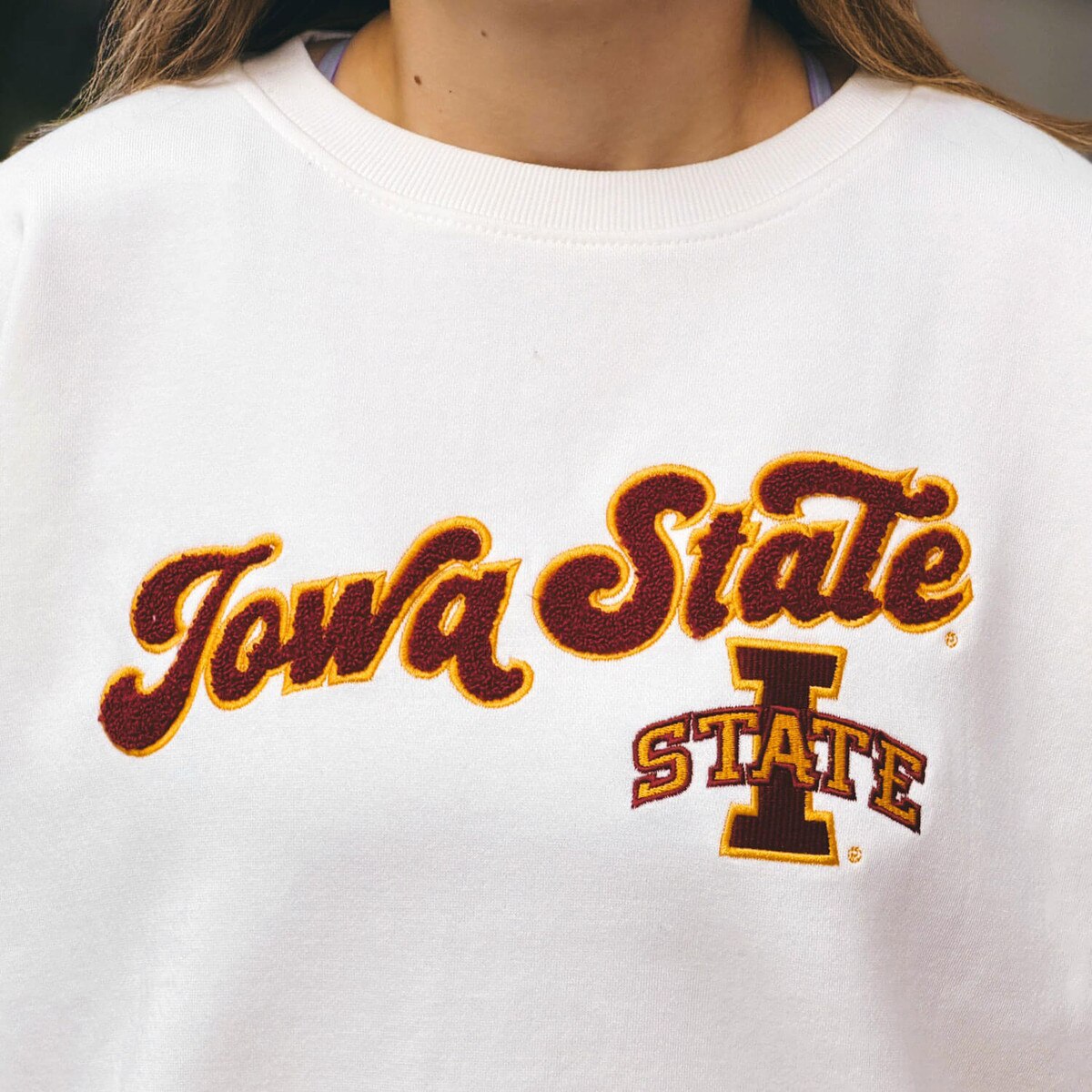 Pressbox Women's Iowa State Ivory and Cardinal Chenille Crewneck Sweatshirt design close up
